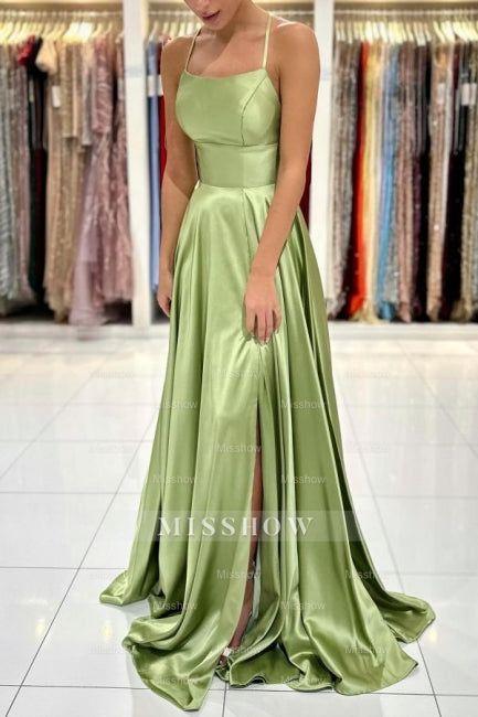 Sage Evening Dresses Simple Long A-line Satin Prom Dress With Slit