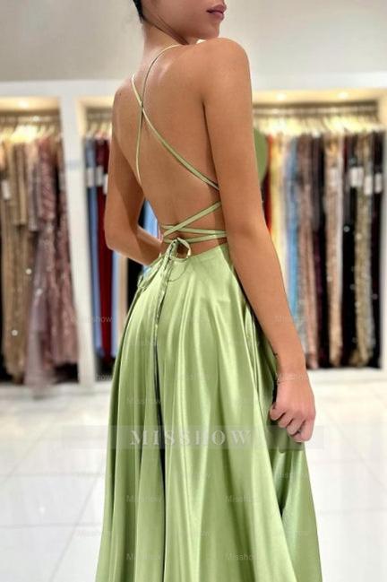 Sage Evening Dresses Simple Long A-line Satin Prom Dress With Slit