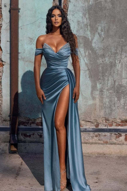 Sexy Blue Long Off-the-shoulder High Split Evening Dresses