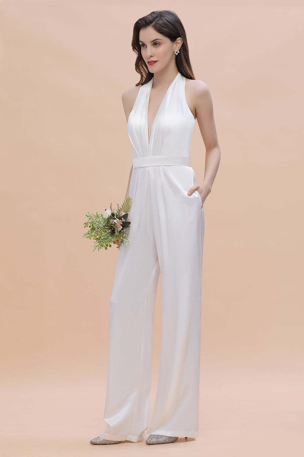 Sexy Deep-V-Neck Halter Backless Charmeuse Bridesmaid Jumpsuit Online
