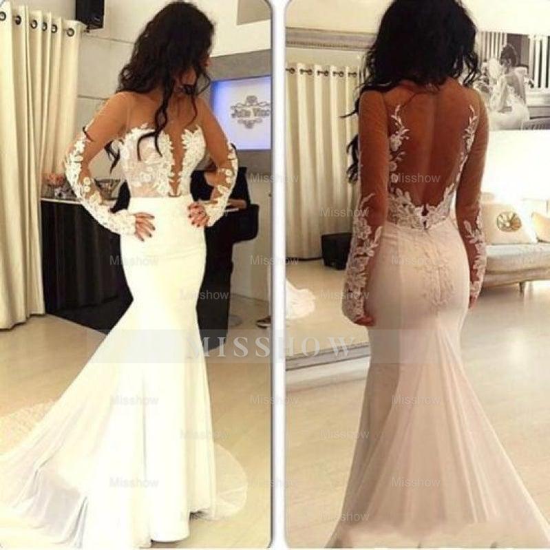Sexy Pretty Mermaid Open Back Long Sleeve Elegant Wedding Dresses
