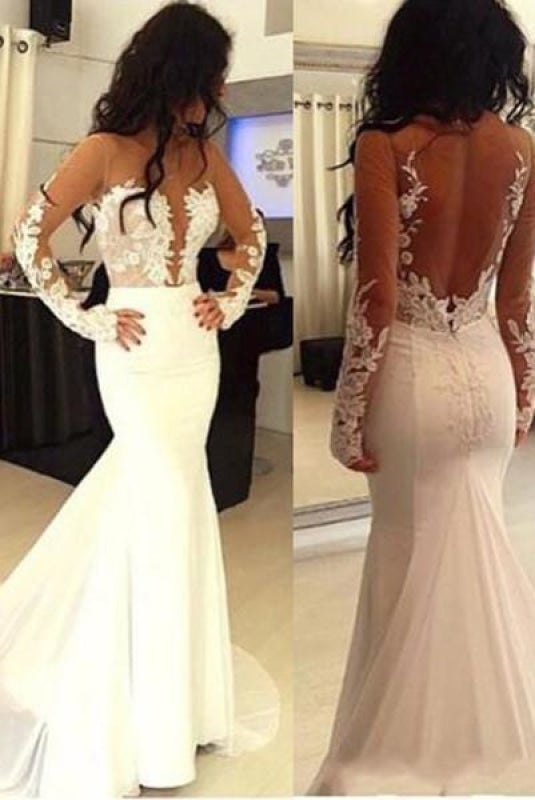 Sexy Pretty Mermaid Open Back Long Sleeve Elegant Wedding Dresses