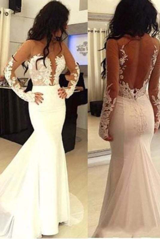 Sexy Pretty Mermaid Open Back Long Sleeve Elegant Wedding Dresses