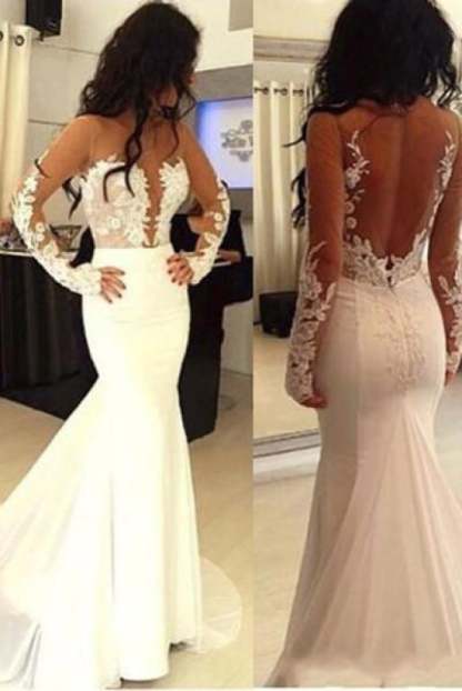 Sexy Pretty Mermaid Open Back Long Sleeve Elegant Wedding Dresses