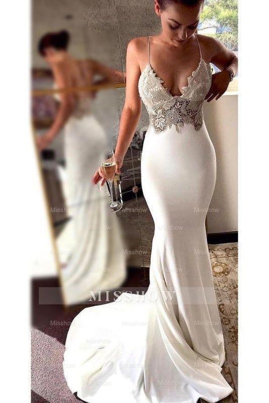Sexy Spaghetti Straps Pretty Mermaid Long Beach Elegant Wedding Dresses with Lace