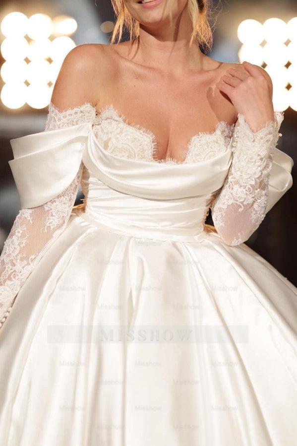 Simple Long A-line Off-the-shoulder Princess Satin Lace Wedding Dresses With Long Sleeves