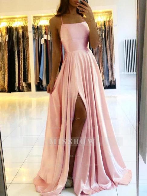 Simple Long Evening Dress Spaghetti Straps Prom Dresses With Slit