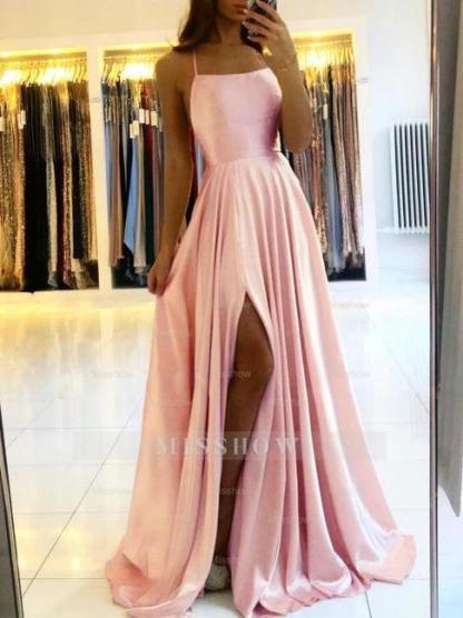 Simple Long Evening Dress Spaghetti Straps Prom Dresses With Slit