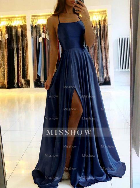 Simple Long Evening Dress Spaghetti Straps Prom Dresses With Slit