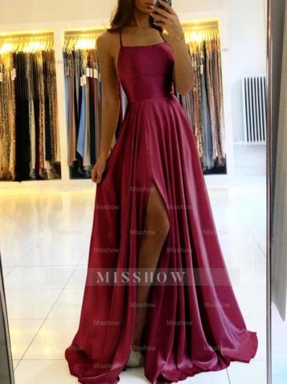 Simple Long Evening Dress Spaghetti Straps Prom Dresses With Slit
