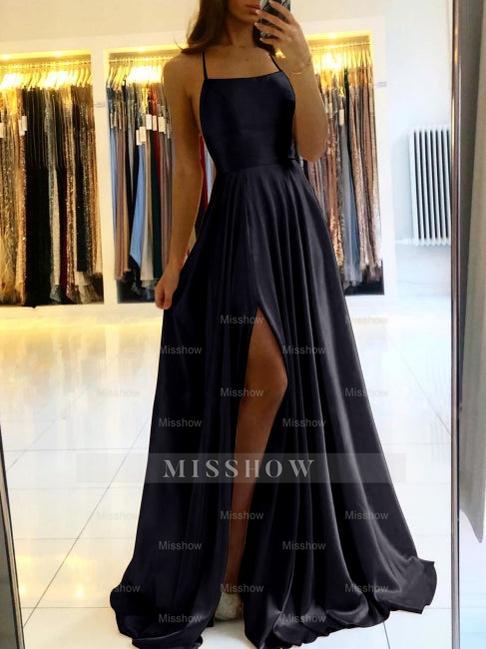 Simple Long Evening Dress Spaghetti Straps Prom Dresses With Slit