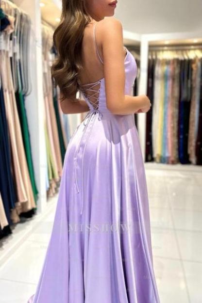 Simple Long Lilac A-line Sleeveless Prom Dresses