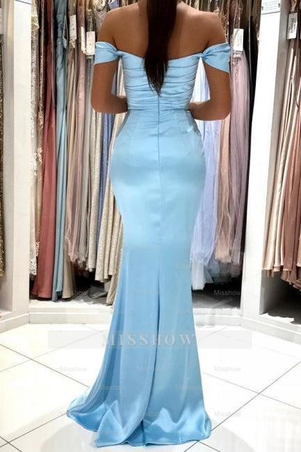 Simple Long Sky Blue Off-the-shoulder Mermaid Sleeveless Evening Dresses With Slit