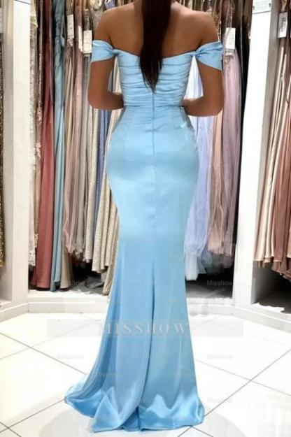 Simple Long Sky Blue Off-the-shoulder Mermaid Sleeveless Evening Dresses With Slit