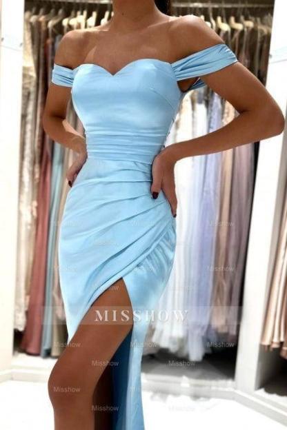 Simple Long Sky Blue Off-the-shoulder Mermaid Sleeveless Evening Dresses With Slit