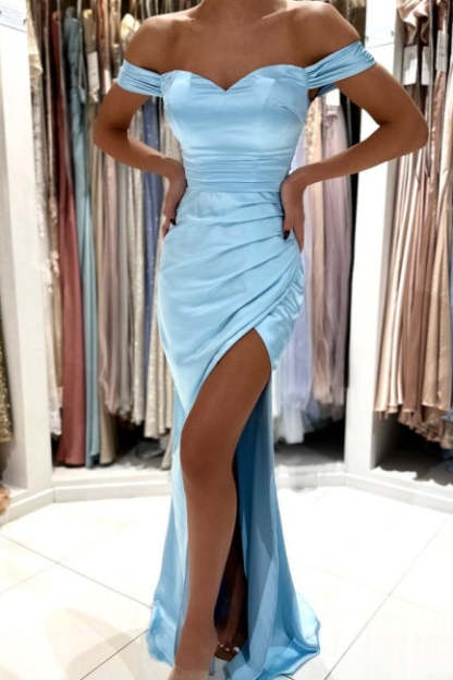 Simple Long Sky Blue Off-the-shoulder Mermaid Sleeveless Evening Dresses With Slit