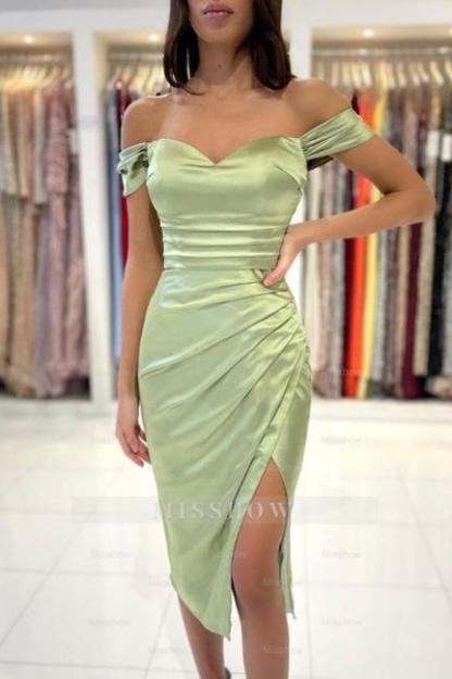 Simple Off-the-shoulder Evening Dresses Short Sage Prom Dresses With Slit