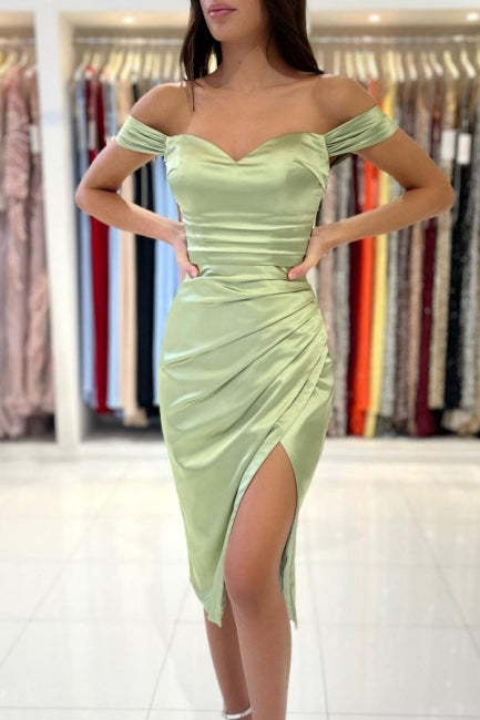 Simple Off-the-shoulder Evening Dresses Short Sage Prom Dresses With Slit