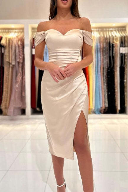 Simple Short Off-the-shoulder Sleeveless Cocktail Dresses With Slit