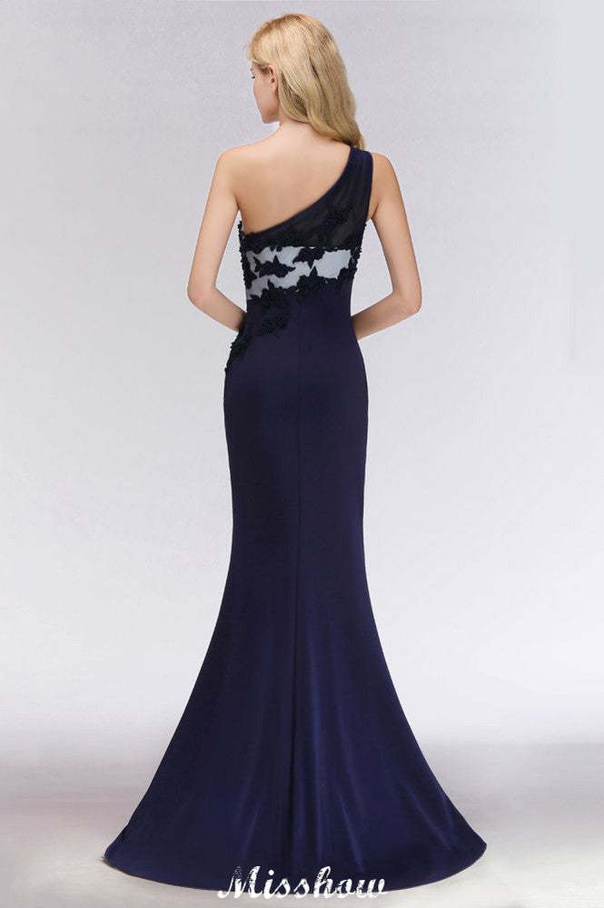 Simple Side Split One-Shoulder Prom Dresses | A-Line Sleeveless Mermaid Floral Appliques Evening Dresses