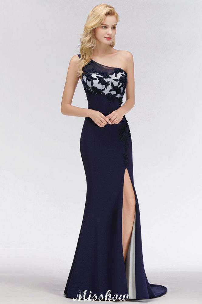 Simple Side Split One-Shoulder Prom Dresses | A-Line Sleeveless Mermaid Floral Appliques Evening Dresses