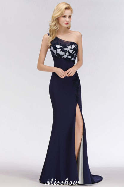 Simple Side Split One-Shoulder Prom Dresses | A-Line Sleeveless Mermaid Floral Appliques Evening Dresses
