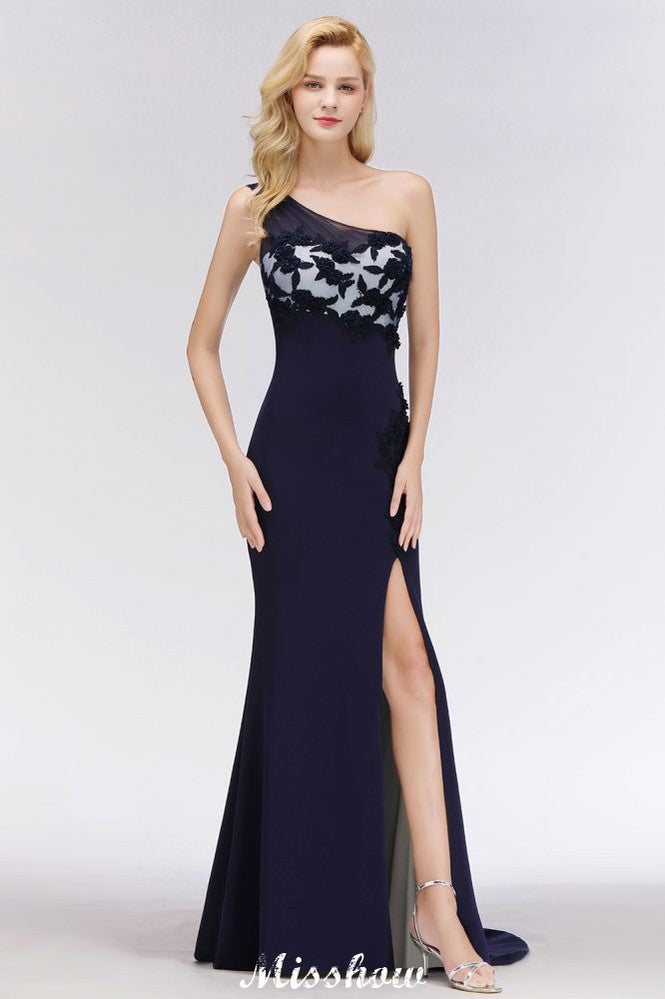 Simple Side Split One-Shoulder Prom Dresses | A-Line Sleeveless Mermaid Floral Appliques Evening Dresses