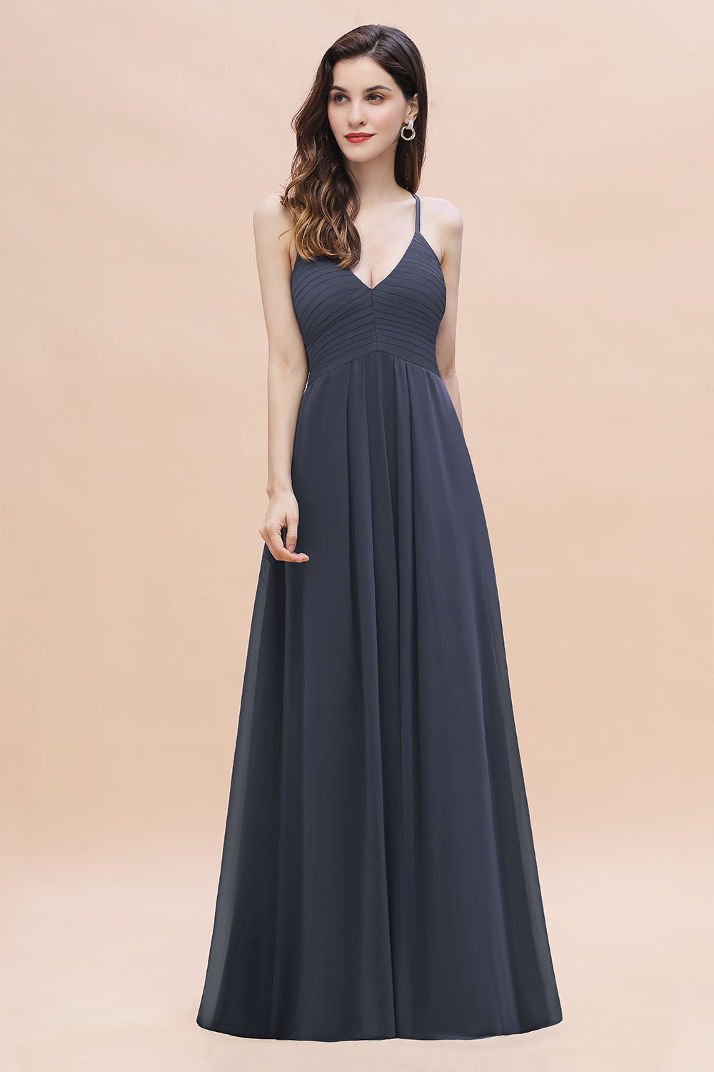 Simple Spaghetti Straps Stormy Chiffon Bridesmaid Dress with Ruffles On Sale