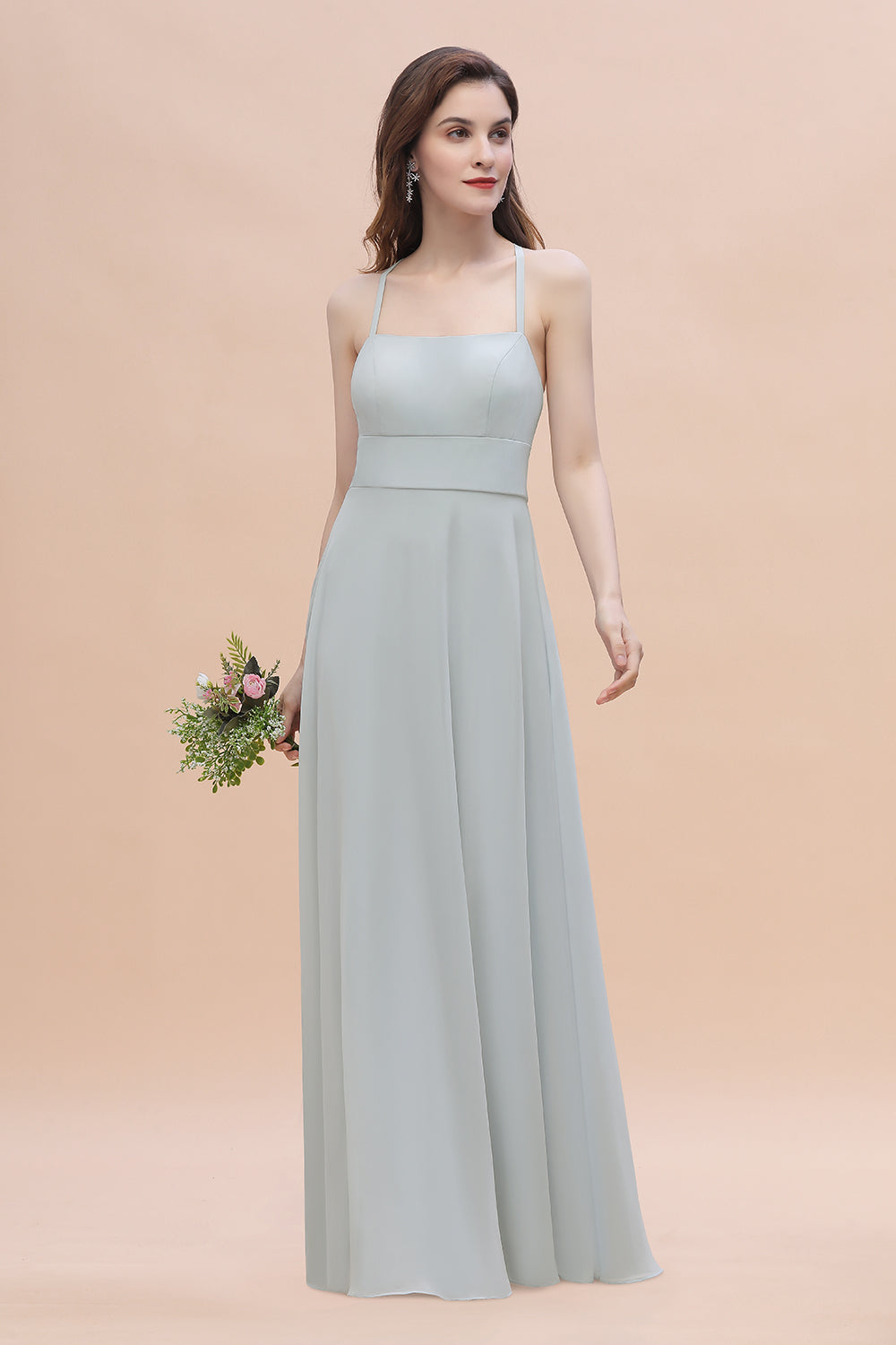 Simple Straps A-line Chiffon Mist Bridesmaid Dress with Ruffles Online