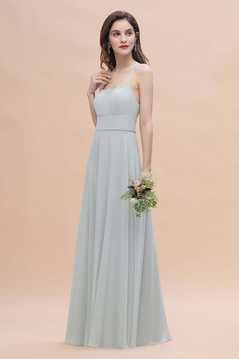 Simple Straps A-line Chiffon Mist Bridesmaid Dress with Ruffles Online
