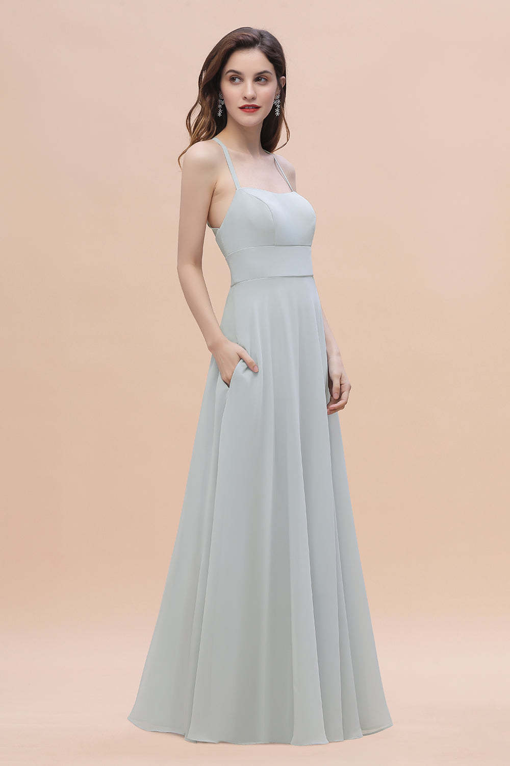 Simple Straps A-line Chiffon Mist Bridesmaid Dress with Ruffles Online