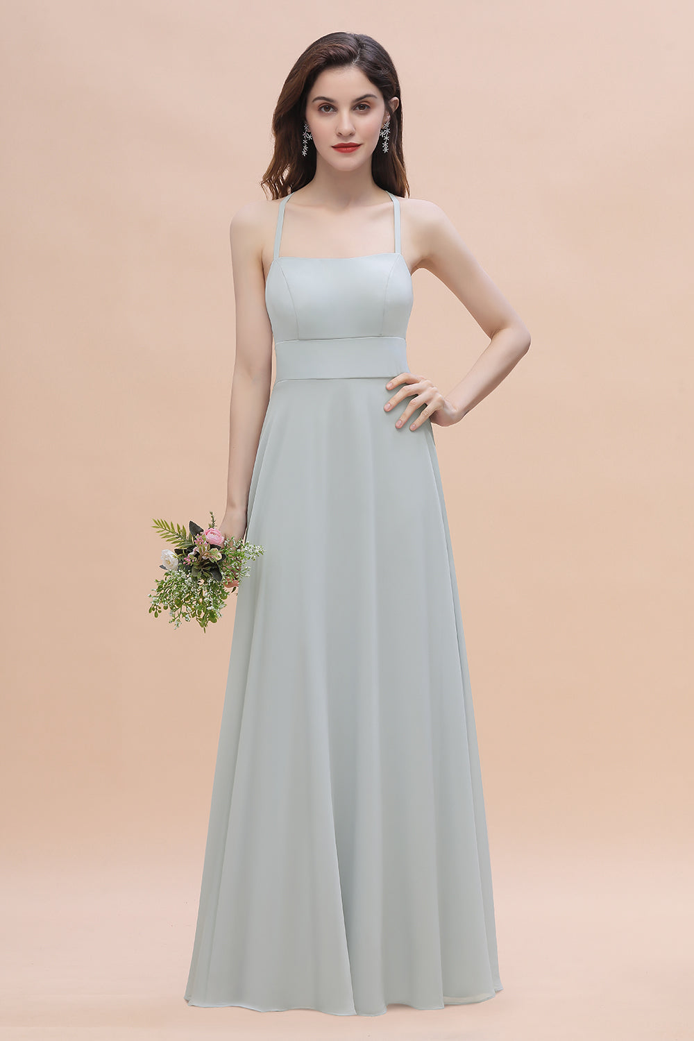 Simple Straps A-line Chiffon Mist Bridesmaid Dress with Ruffles Online