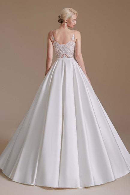 Simple Straps Sleeveless A-Line Floor-Length Satin Wedding Dresses with Ruffles