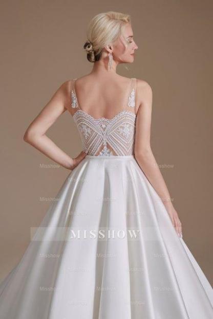 Simple Straps Sleeveless A-Line Floor-Length Satin Wedding Dresses with Ruffles