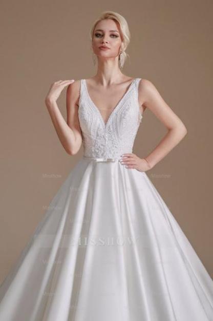 Simple Straps Sleeveless A-Line Floor-Length Satin Wedding Dresses with Ruffles