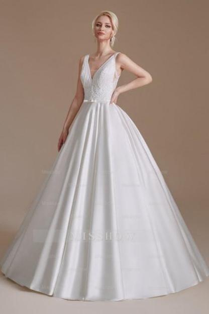Simple Straps Sleeveless A-Line Floor-Length Satin Wedding Dresses with Ruffles
