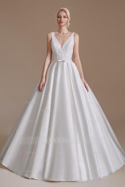 Simple Straps Sleeveless A-Line Floor-Length Satin Wedding Dresses with Ruffles