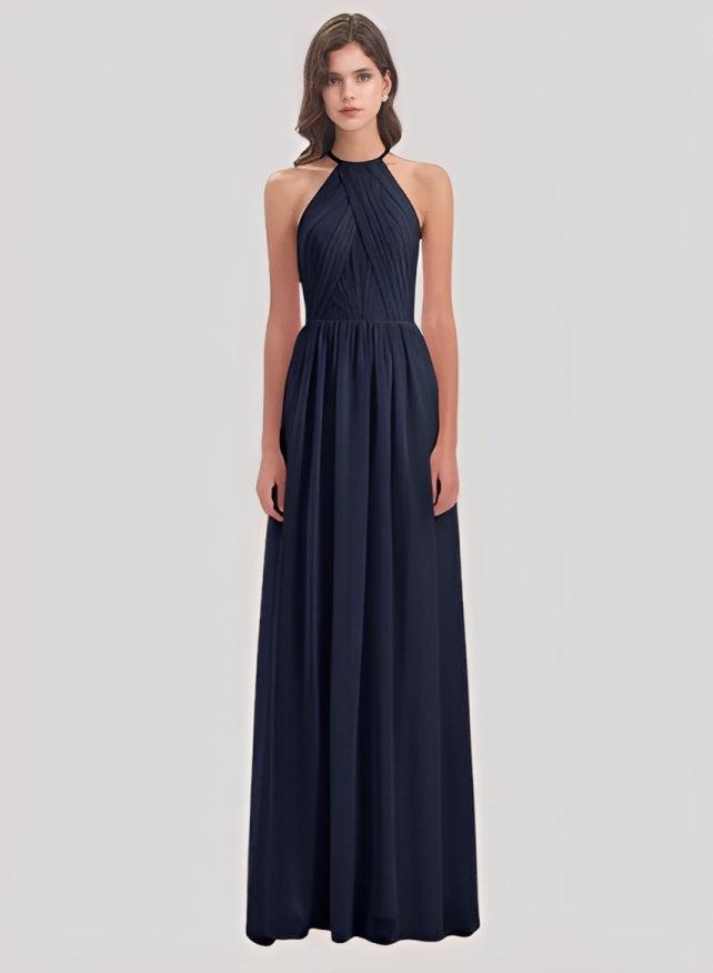 A-Line Halter Sleeveless Floor-Length Chiffon Bridesmaid Dresses With Back Hole
