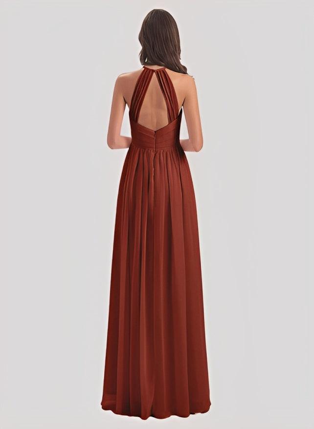 A-Line Halter Sleeveless Floor-Length Chiffon Bridesmaid Dresses With Back Hole
