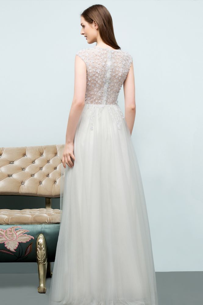 Sleeveless Long Split A-line Appliqued Tulle Prom Dresses