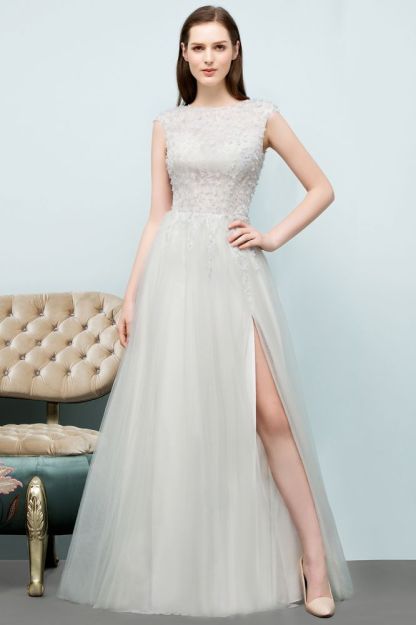 Sleeveless Long Split A-line Appliqued Tulle Prom Dresses