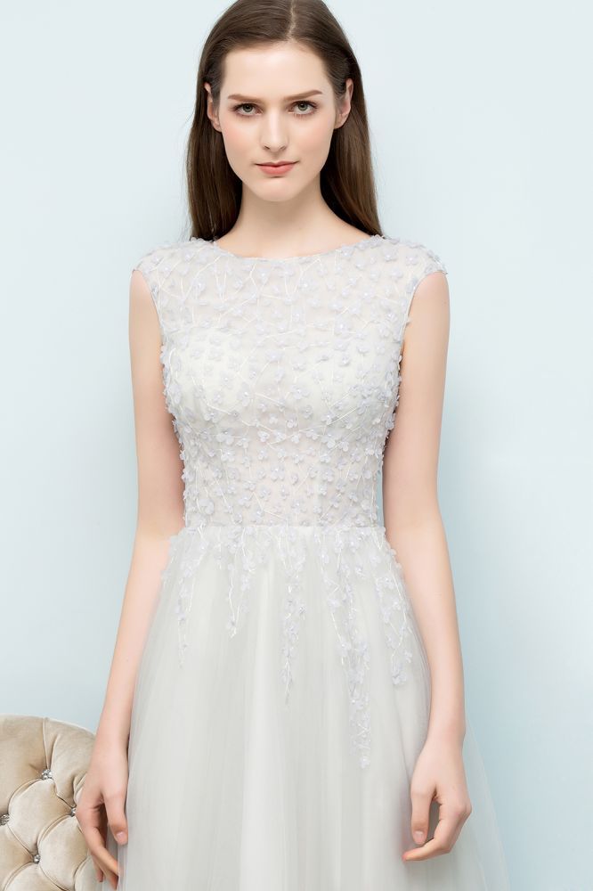 Sleeveless Long Split A-line Appliqued Tulle Prom Dresses