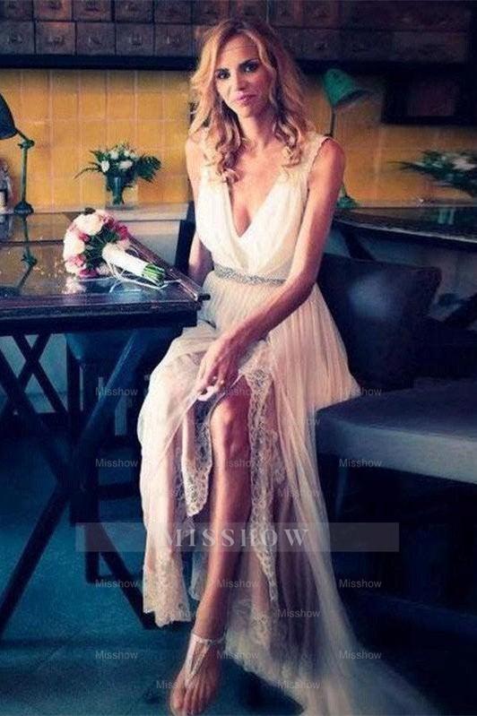 Sleeveless V-Neck Sweep Train Chiffon Beading Wedding Dress