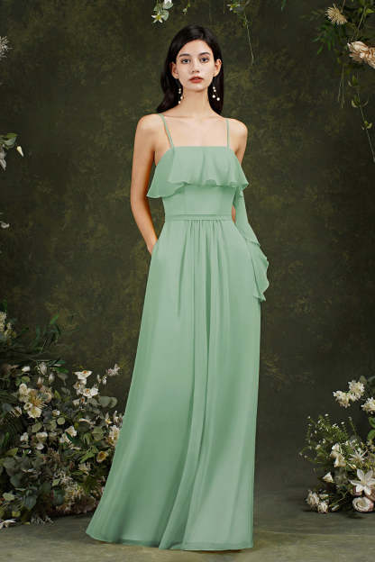 Spaghetti-Straps Bridesmaid Dress Chiffon With Pockets Ruffles