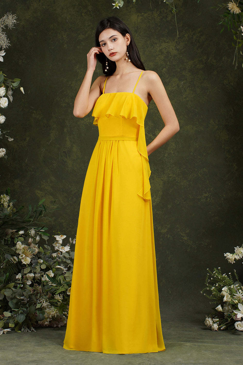 Spaghetti-Straps Bridesmaid Dress Chiffon With Pockets Ruffles