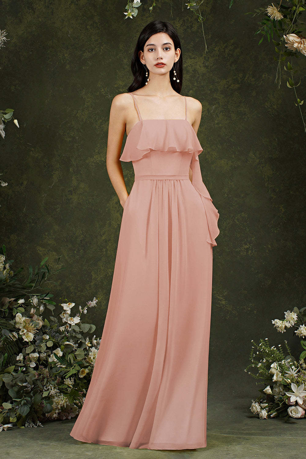 Spaghetti-Straps Bridesmaid Dress Chiffon With Pockets Ruffles