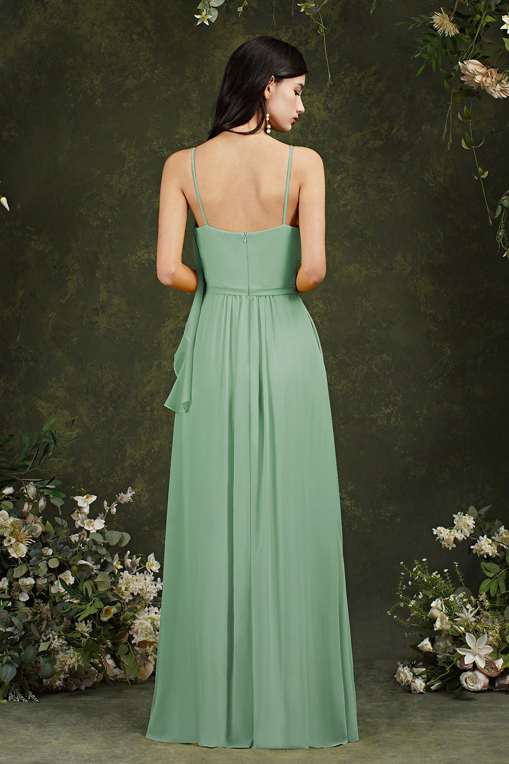 Spaghetti-Straps Bridesmaid Dress Chiffon With Pockets Ruffles