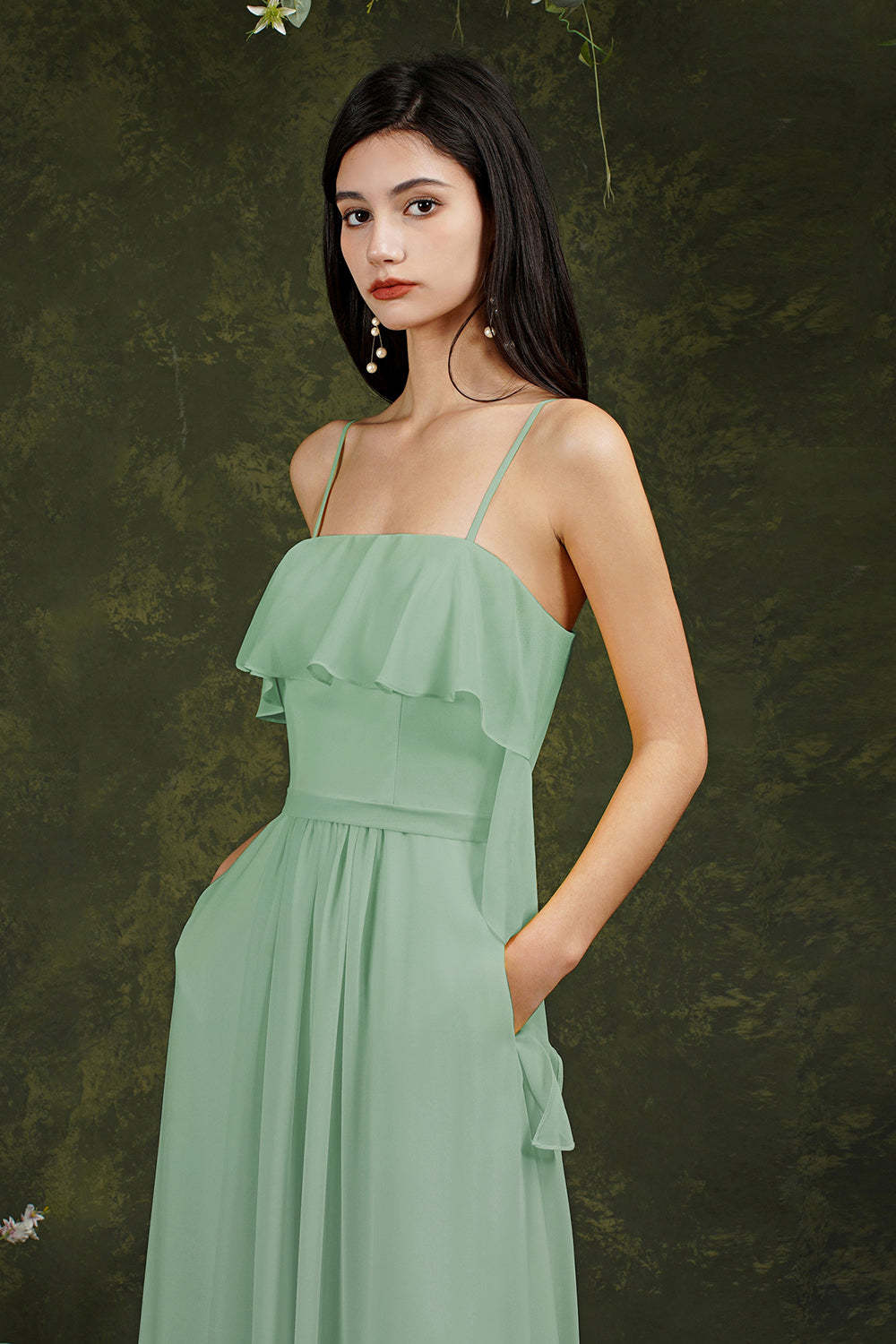 Spaghetti-Straps Bridesmaid Dress Chiffon With Pockets Ruffles