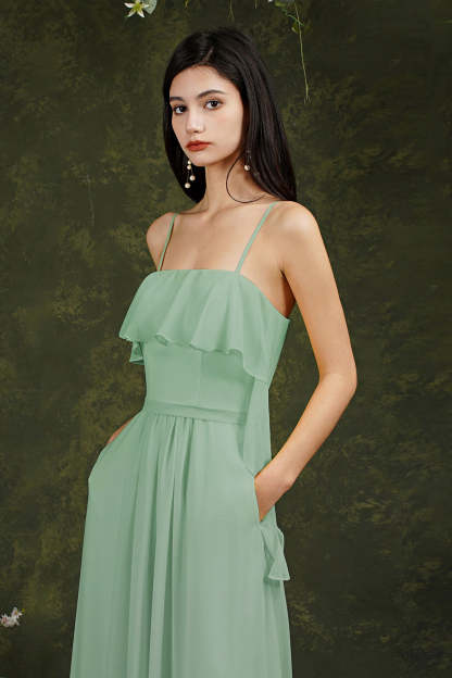 Spaghetti-Straps Bridesmaid Dress Chiffon With Pockets Ruffles
