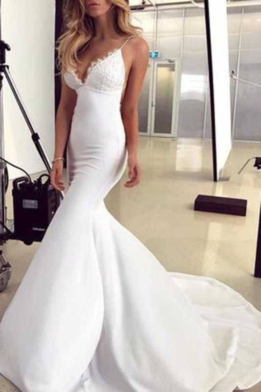 Spaghetti Straps Pretty Mermaid Lace Appliques Sexy Backless Elegant Wedding Dresses